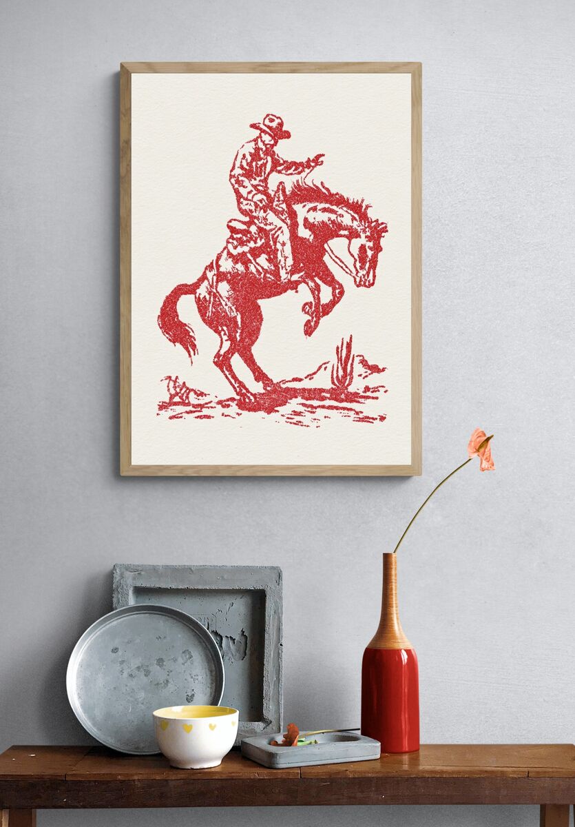 Cowboy Riding Horse — Vintage Print. — room view 3