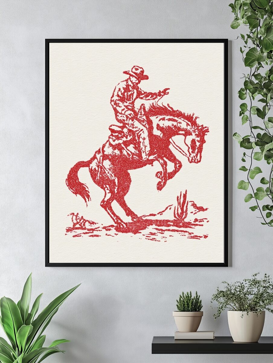 Cowboy Riding Horse — Vintage Print. — room view 4