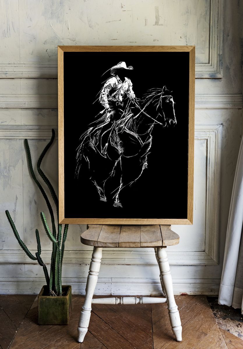 Cowboy on Horse Line Art Poster. — room view 1