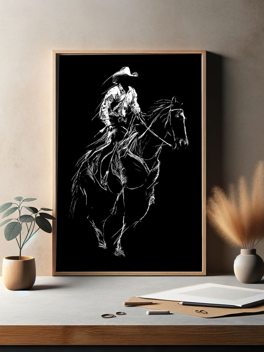 Cowboy on Horse Line Art Poster. — room view 2