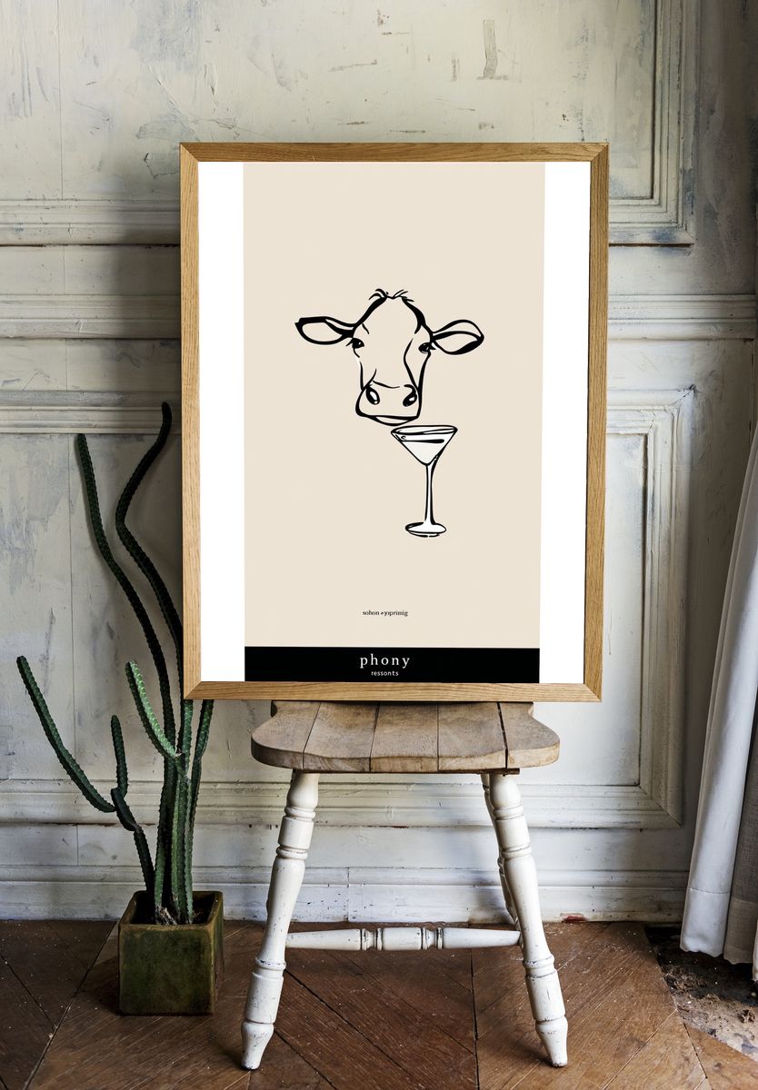 Cow with Martini — Illustration Print. — room view 1