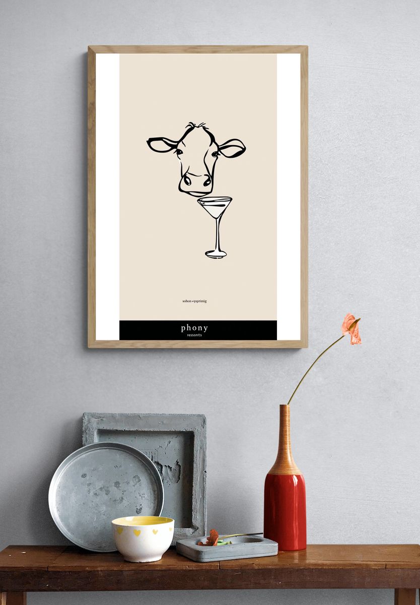 Cow with Martini — Illustration Print. — room view 3