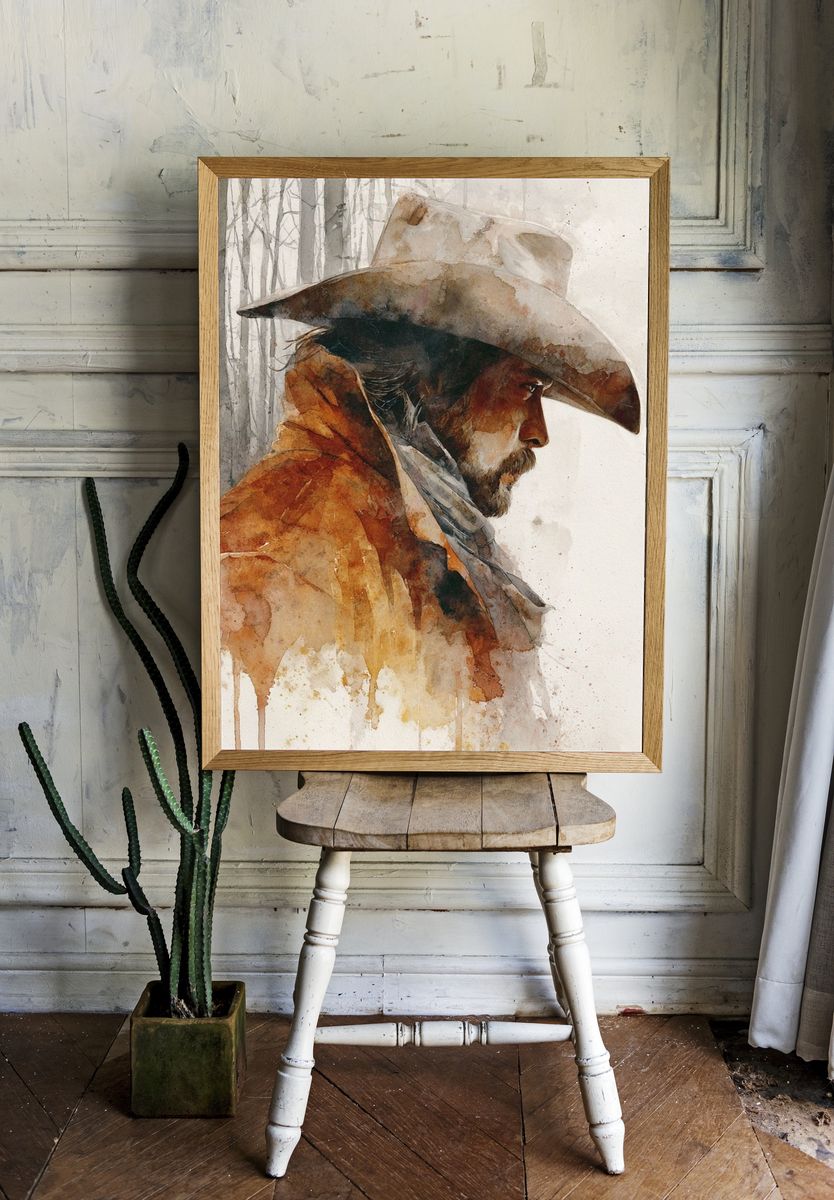 Cowboy Portrait Watercolor Print. room preview