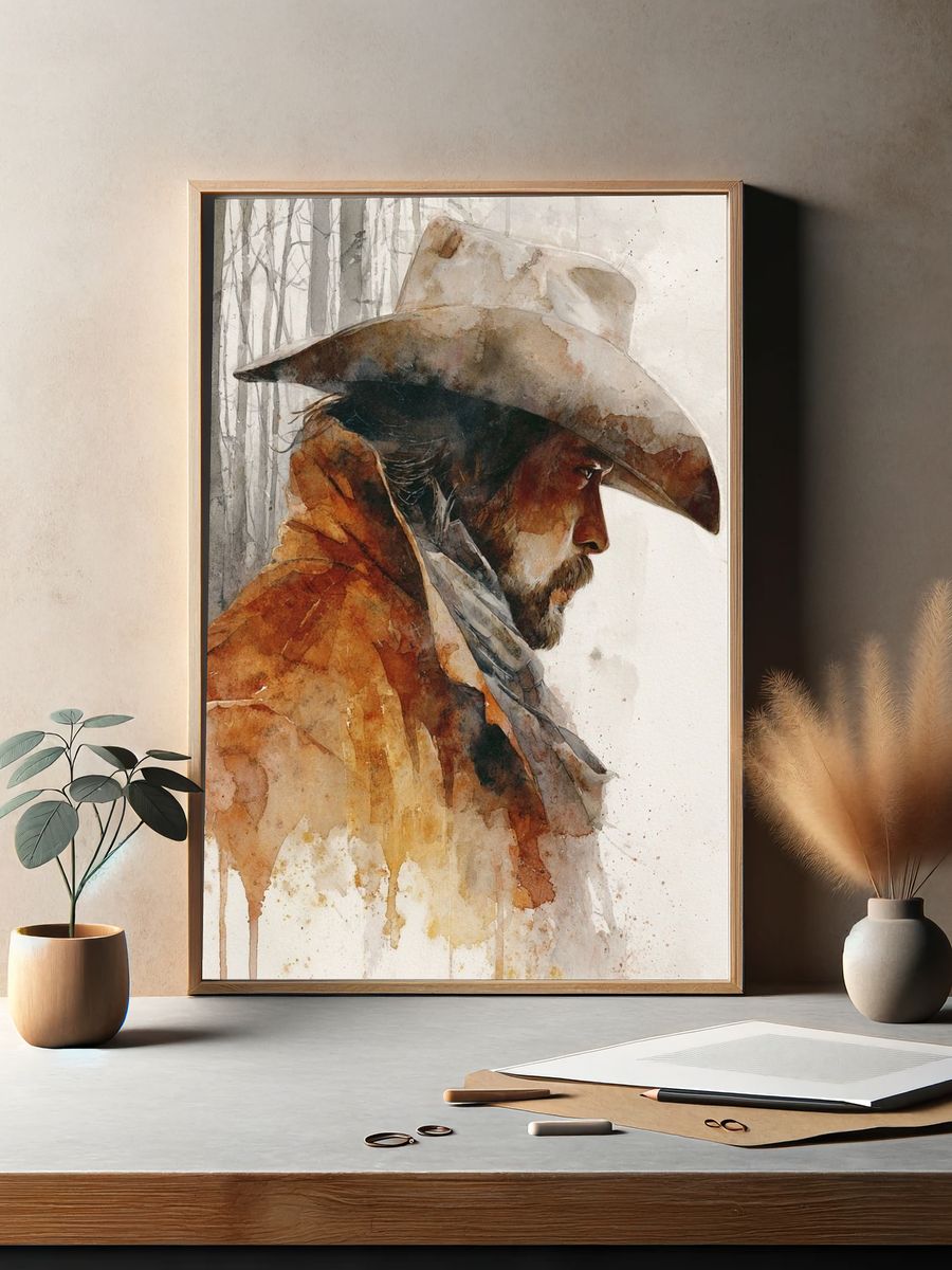 Cowboy Portrait Watercolor Print. — room view 2