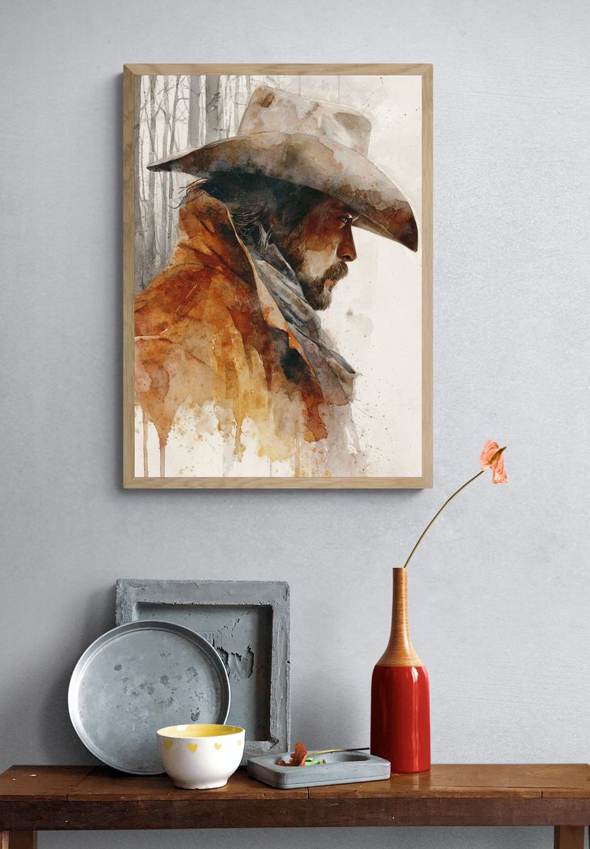 Cowboy Portrait Watercolor Print. — room view 3