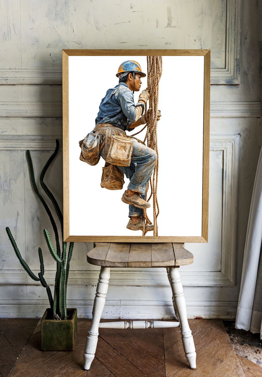 Construction Worker Climbing Rope — Photography Print. — room view 1
