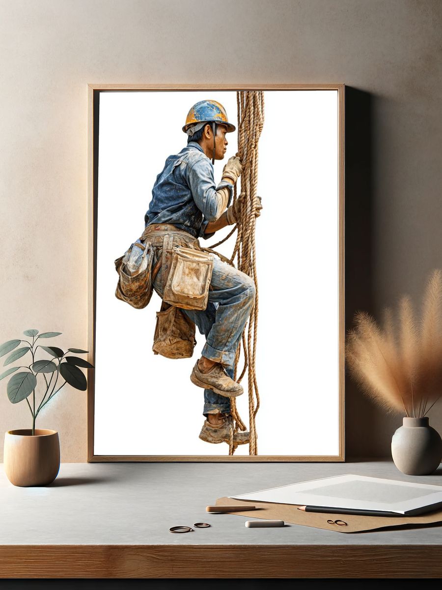 Construction Worker Climbing Rope — Photography Print. — room view 2