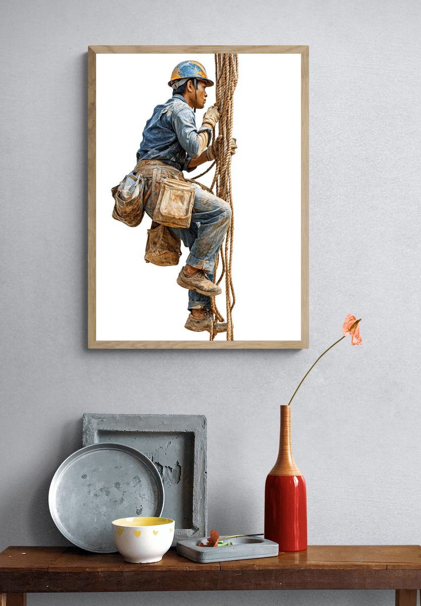Construction Worker Climbing Rope — Photography Print. — room view 3