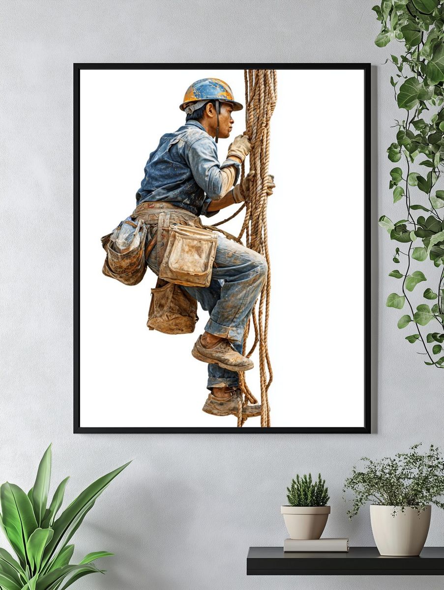 Construction Worker Climbing Rope — Photography Print. — room view 4
