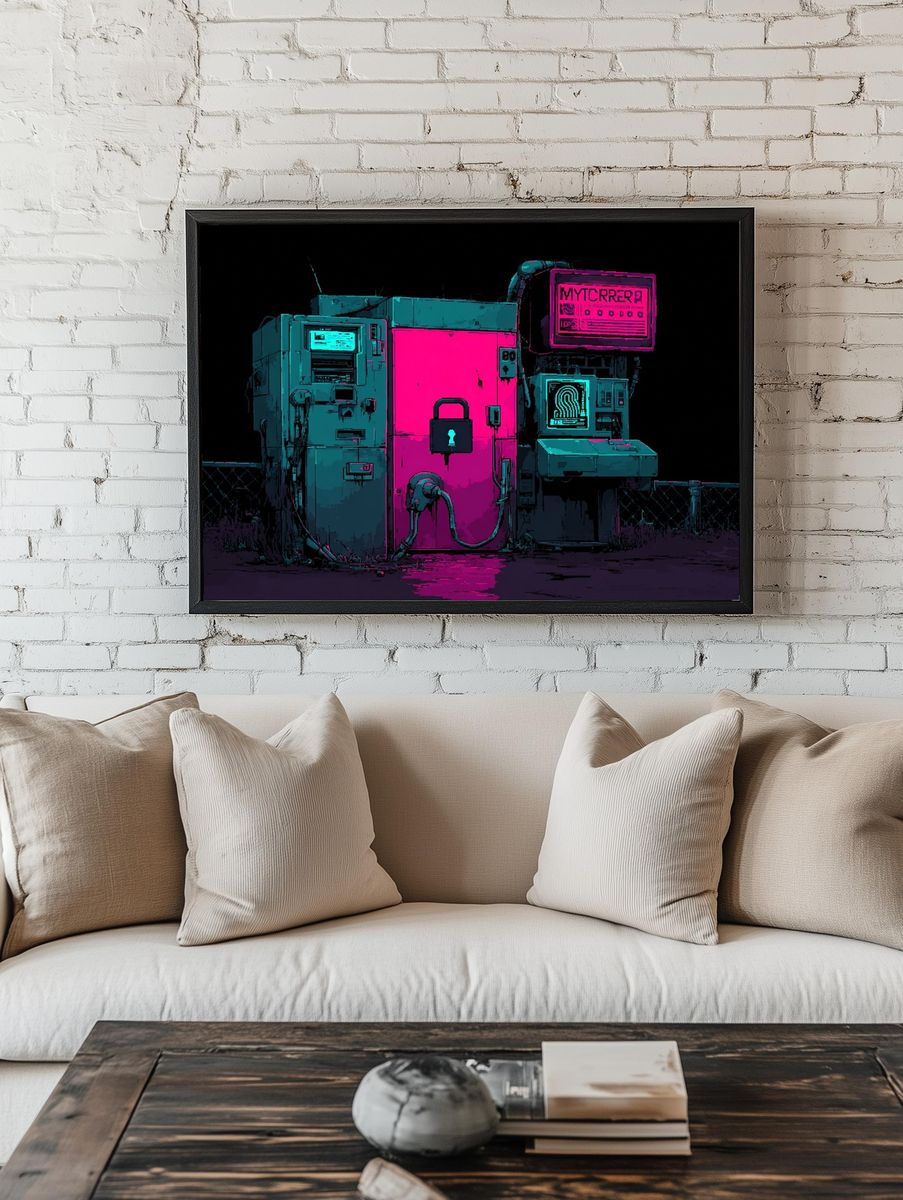 Neon Cyberpunk Security Station Poster. — room view 1