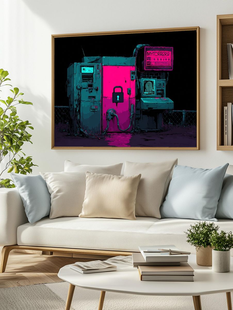 Neon Cyberpunk Security Station Poster. — room view 2