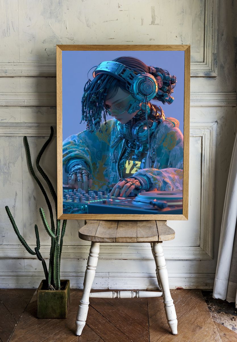Cyberpunk DJ Portrait Print. — room view 1