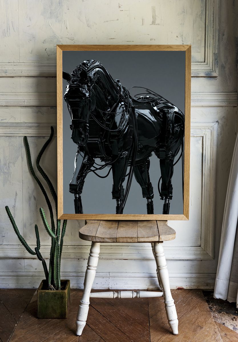 Cybernetic Horse — Digital Art Print. room preview