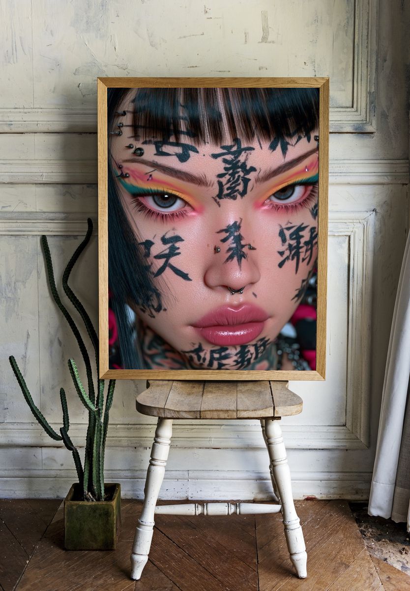 Cyberpunk Face Tattoo Portrait Print. room preview