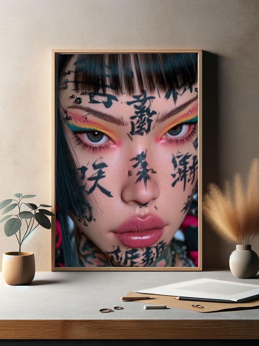 Cyberpunk Face Tattoo Portrait Print. — room view 2