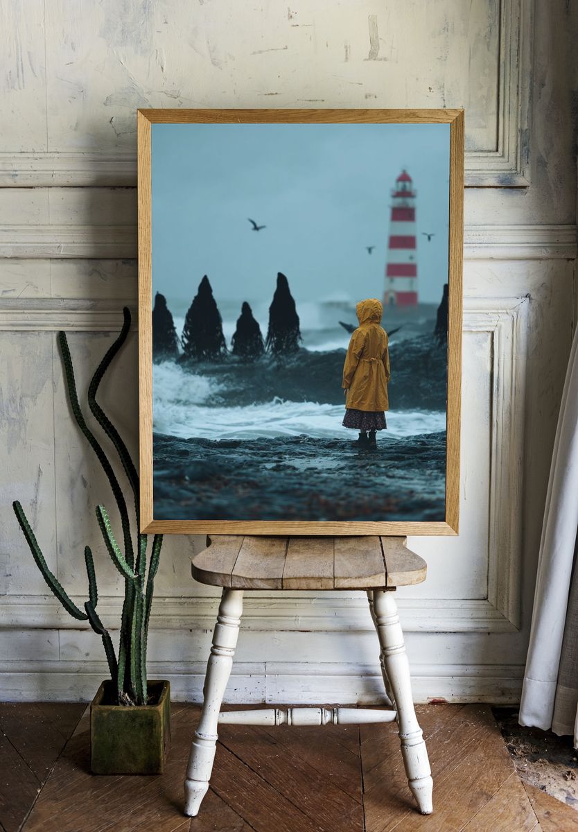 Child in Yellow Raincoat — Coastal Photography Print. — room view 1