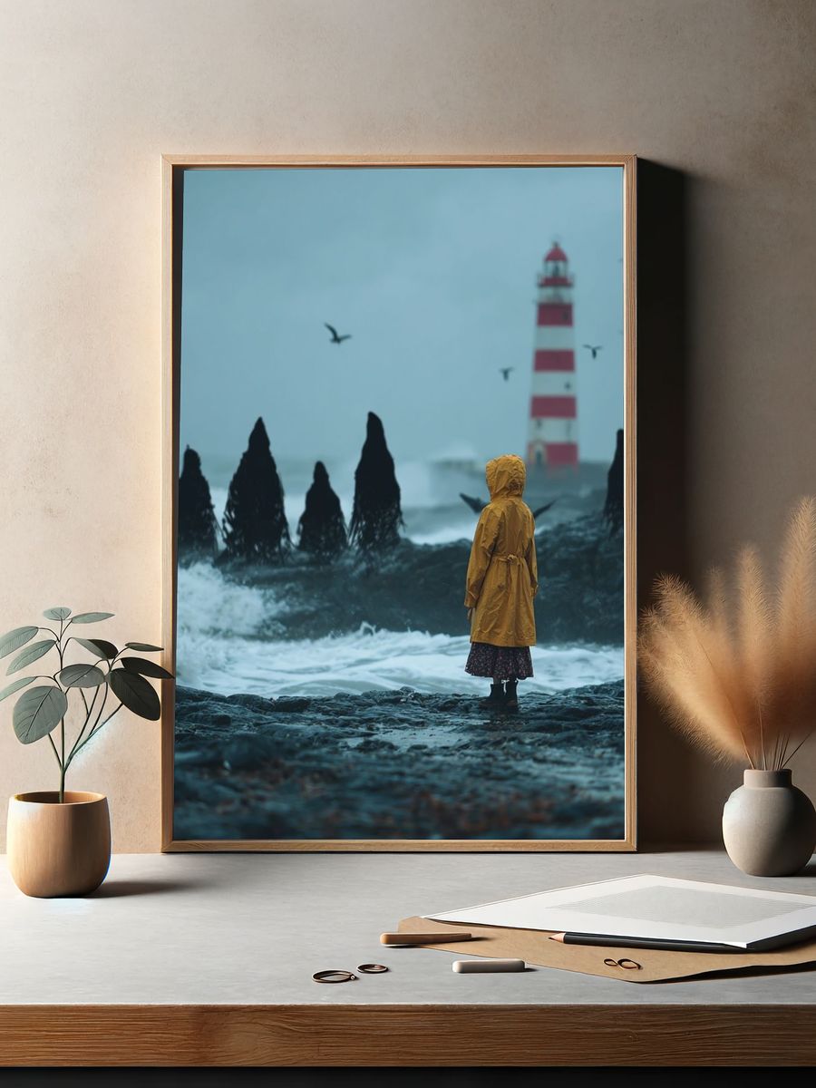 Child in Yellow Raincoat — Coastal Photography Print. — room view 2