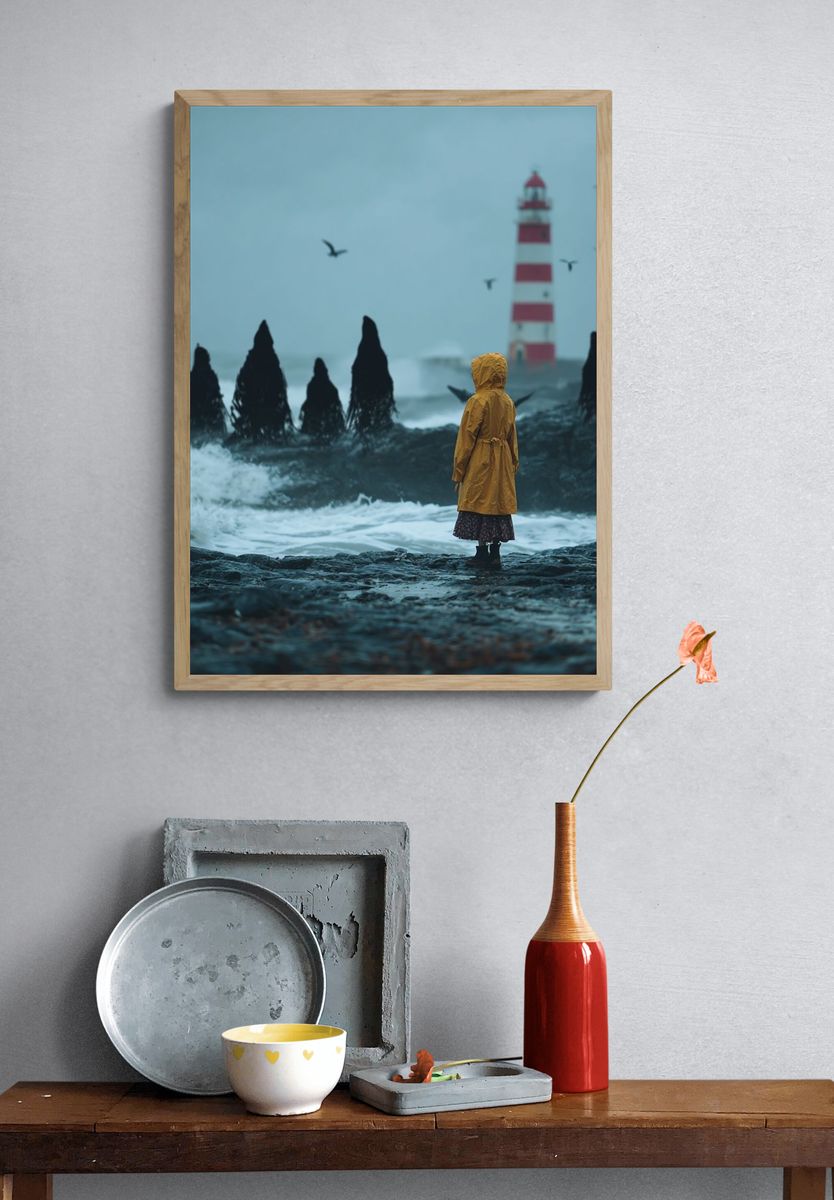 Child in Yellow Raincoat — Coastal Photography Print. — room view 3