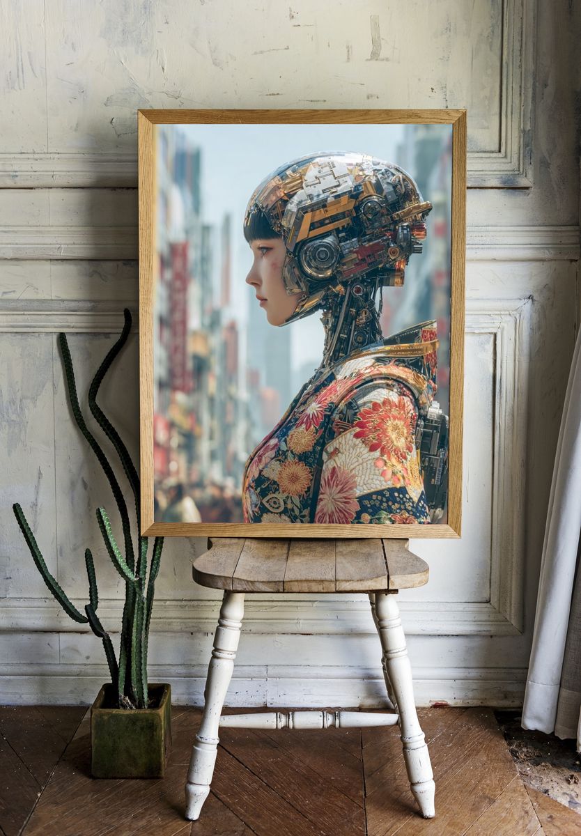 Cyber Geisha Portrait Print. room preview