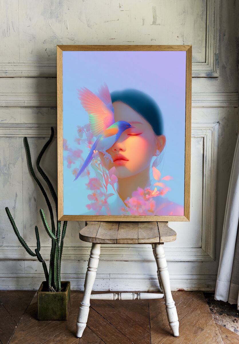Dreamy Woman with Bird — Digital Art Print. — room view 1