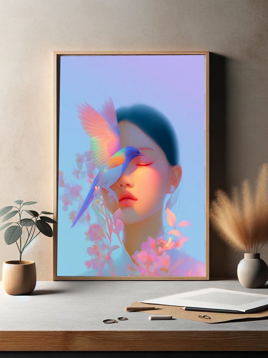 Dreamy Woman with Bird — Digital Art Print. — room view 2