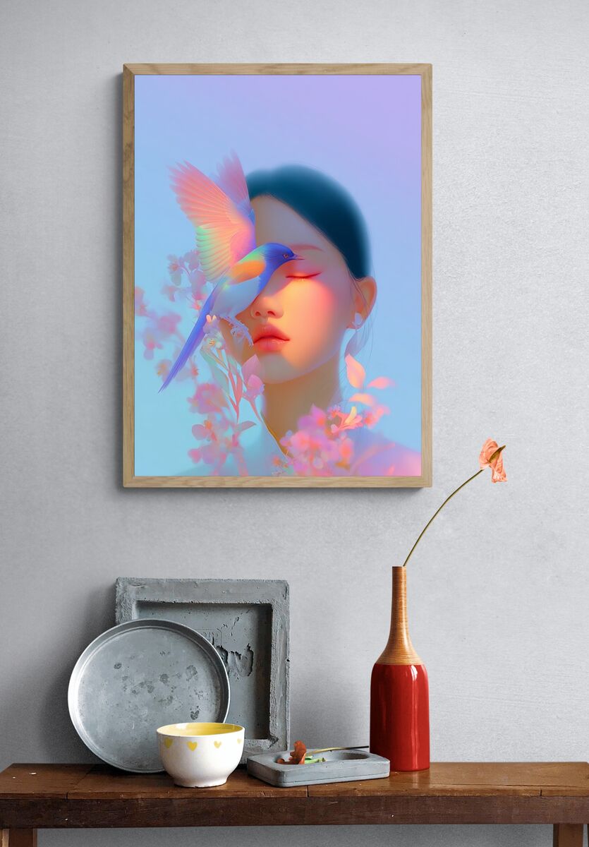 Dreamy Woman with Bird — Digital Art Print. — room view 3