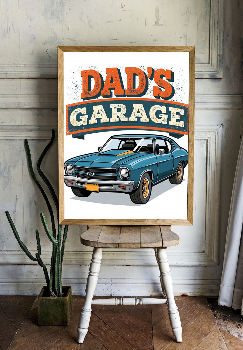 Dad's Garage Classic Car Poster. room preview