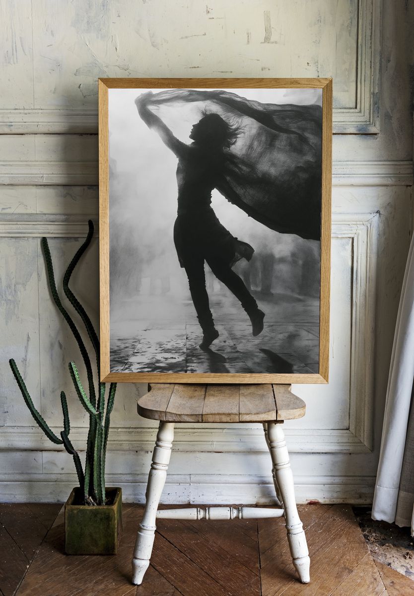 Dancing Silhouette Black-White Poster. — room view 1