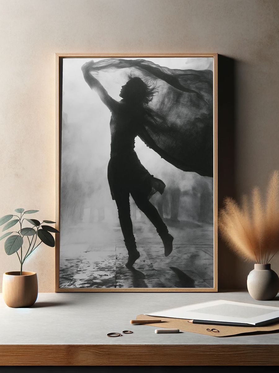 Dancing Silhouette Black-White Poster. — room view 2
