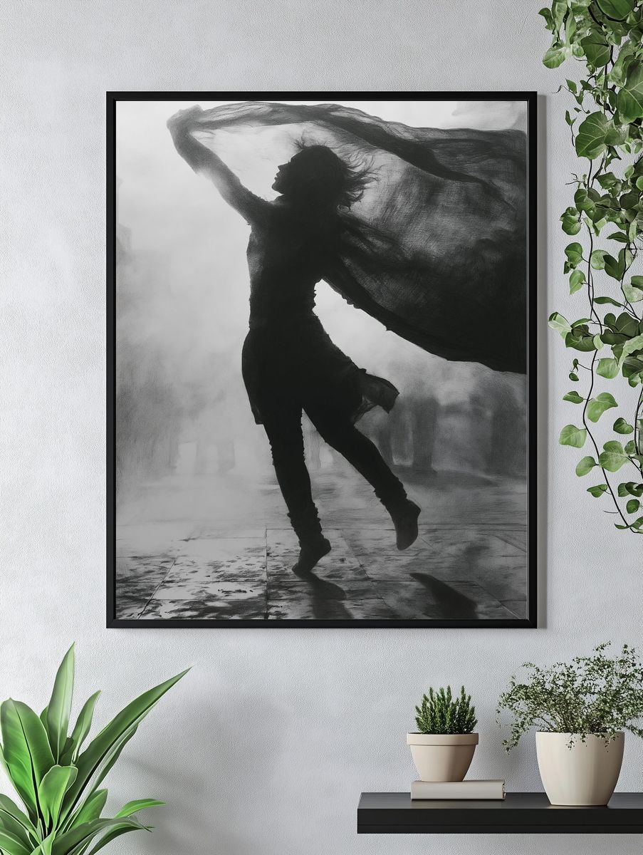 Dancing Silhouette Black-White Poster. — room view 4