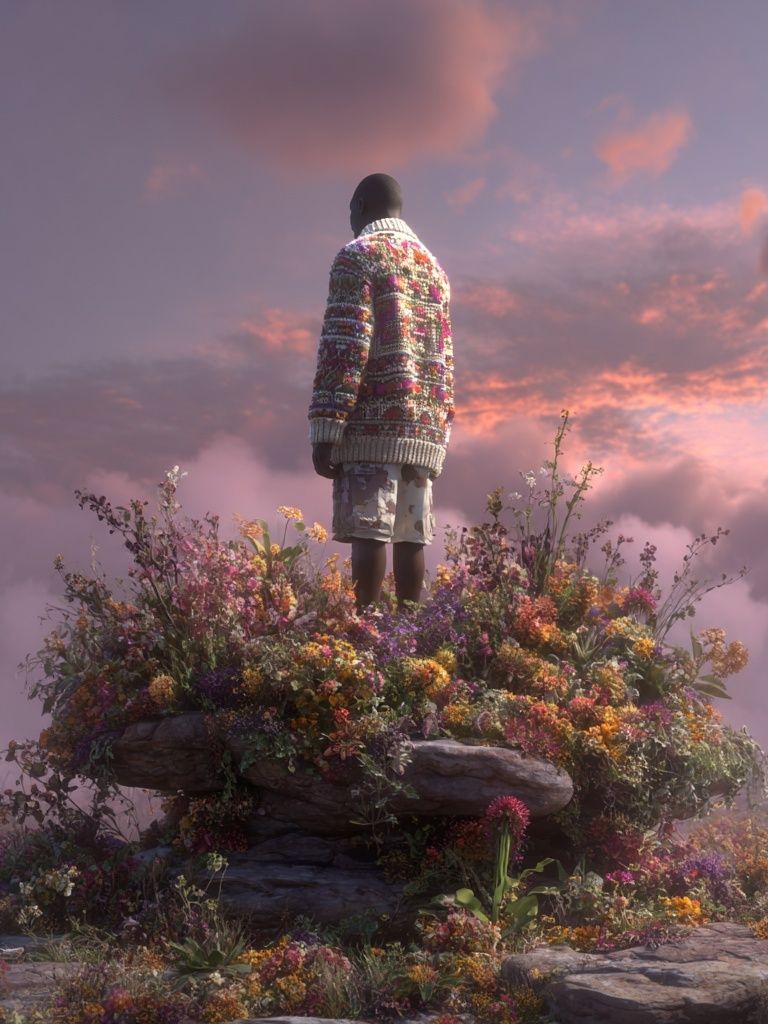 Man in Sweater Among Flowers — Digital Art Print. poster detail