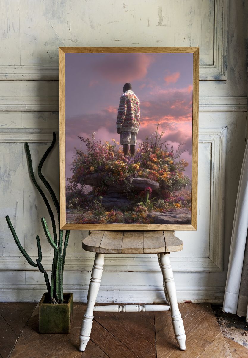 Man in Sweater Among Flowers — Digital Art Print. — room view 1