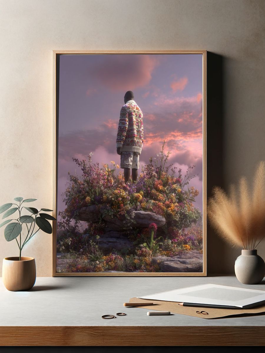 Man in Sweater Among Flowers — Digital Art Print. — room view 2
