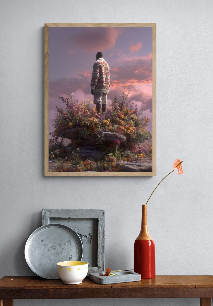 Man in Sweater Among Flowers — Digital Art Print. — room view 3
