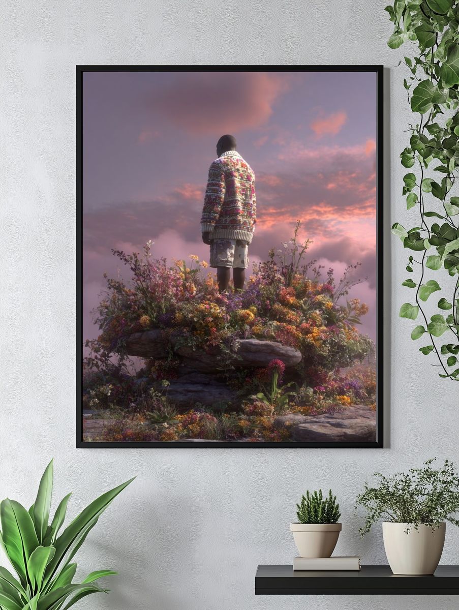 Man in Sweater Among Flowers — Digital Art Print. — room view 4