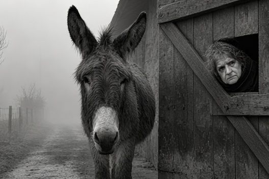 Donkey and Woman in Fog Poster. poster detail