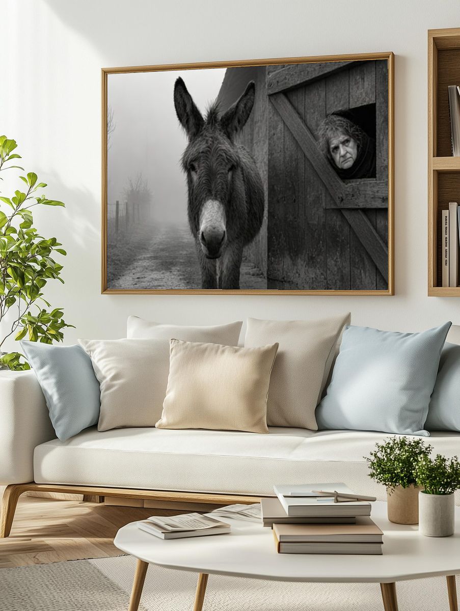 Donkey and Woman in Fog Poster. — room view 2