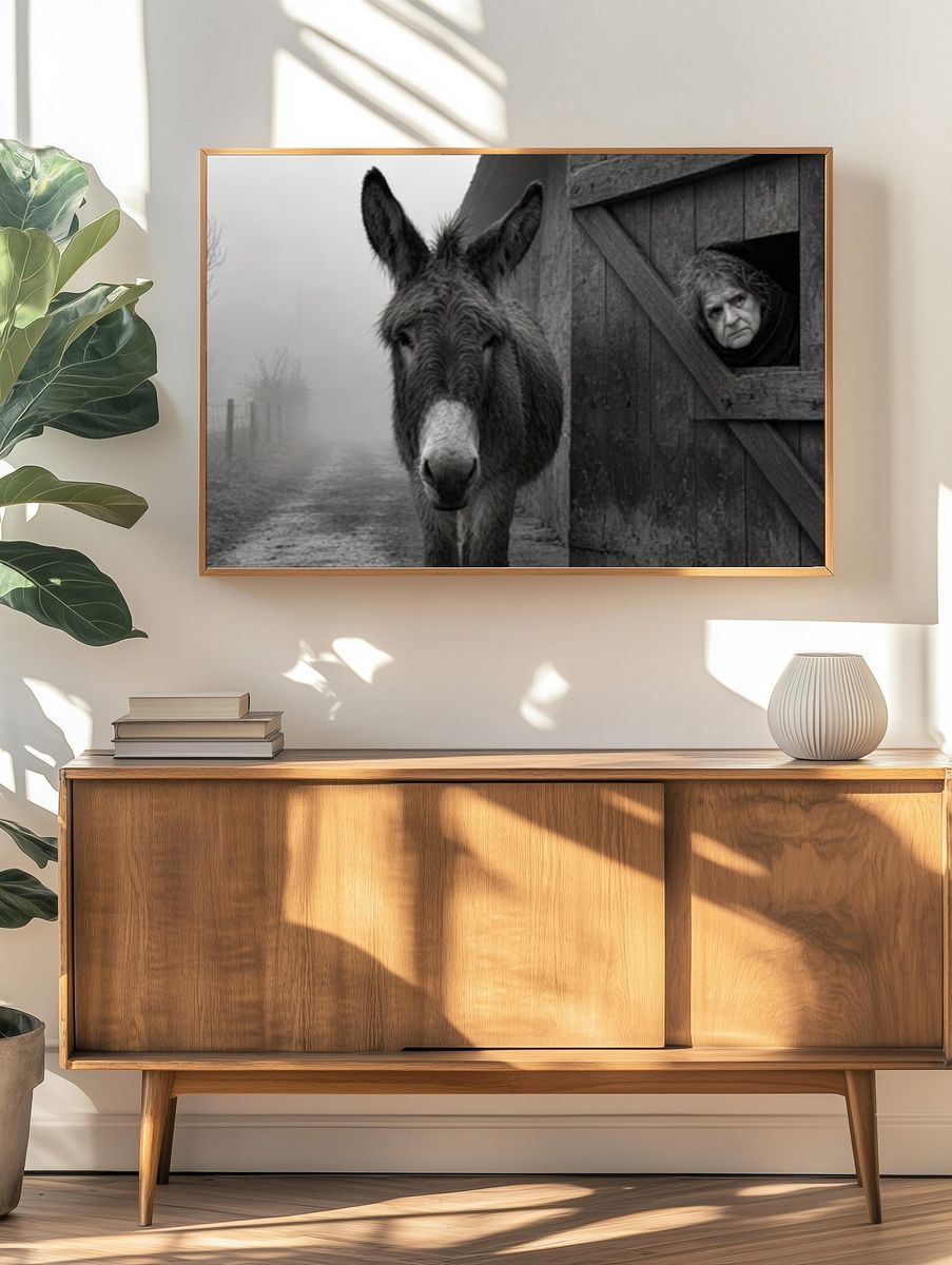Donkey and Woman in Fog Poster. — room view 3