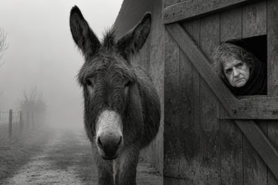 Donkey and Woman in Fog Poster.