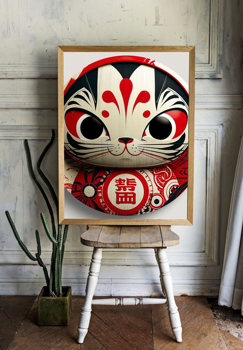 Daruma Cat Illustration Poster. room preview