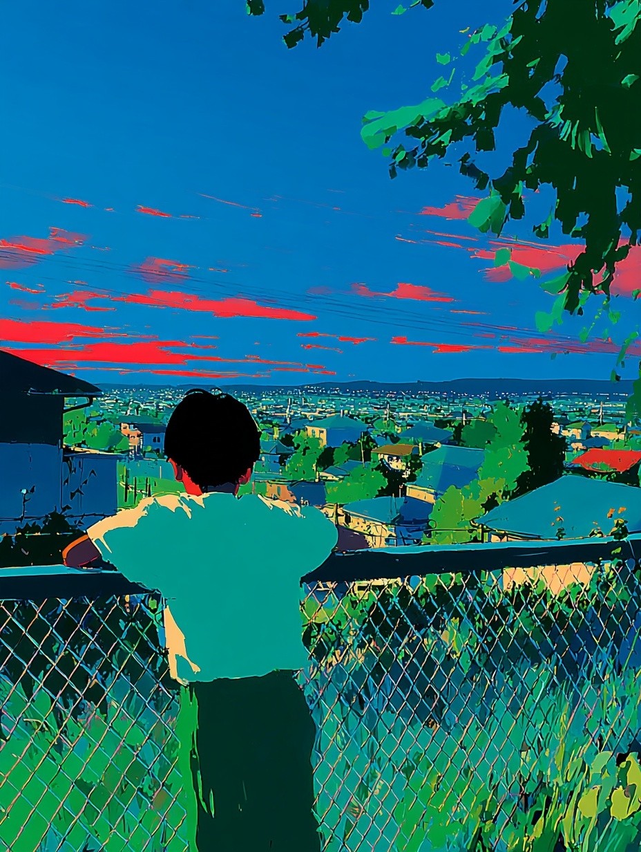 Child Overlooking Cityscape — Digital Art Print. poster — illustration art