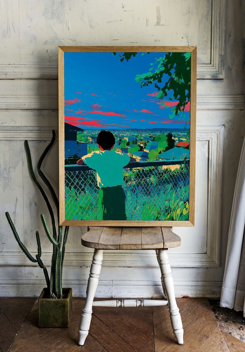 Child Overlooking Cityscape — Digital Art Print. — room view 1