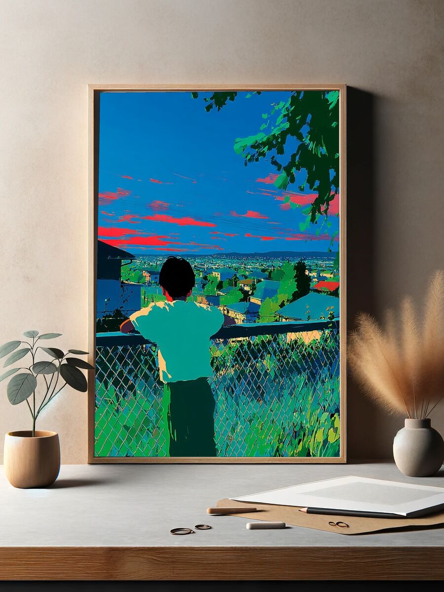 Child Overlooking Cityscape — Digital Art Print. — room view 2