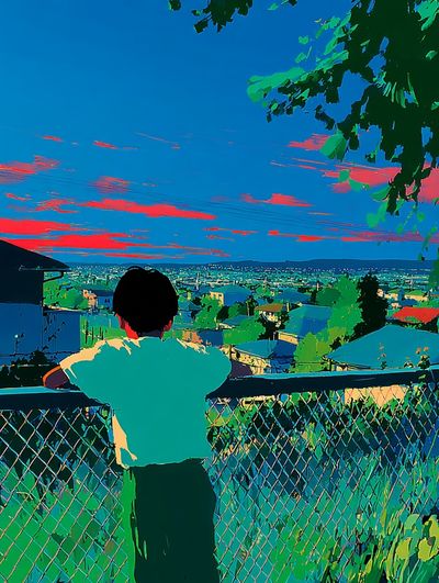 Child Overlooking Cityscape — Digital Art Print. poster