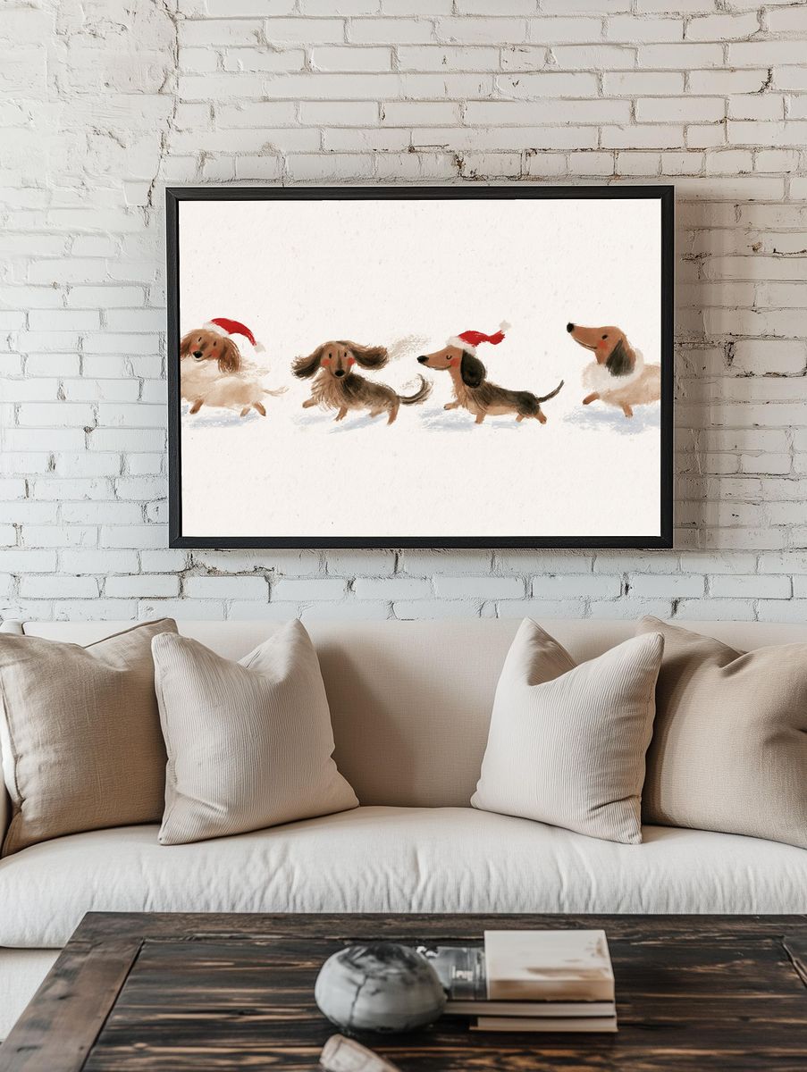 Christmas Dachshunds Watercolor Poster. — room view 1