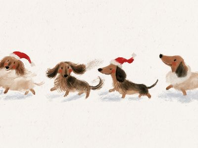 Christmas Dachshunds Watercolor Poster.