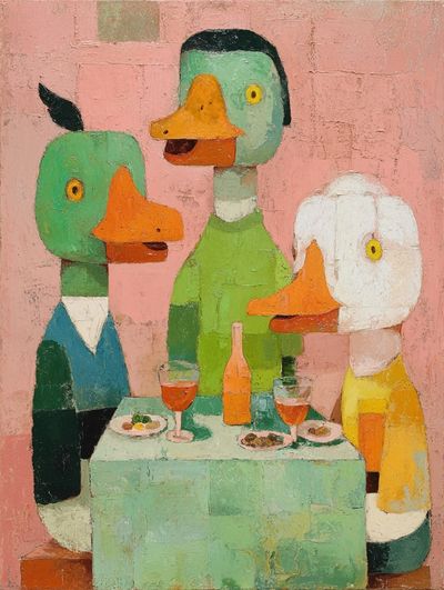 Whimsical Ducks Dining — Illustration Print. poster
