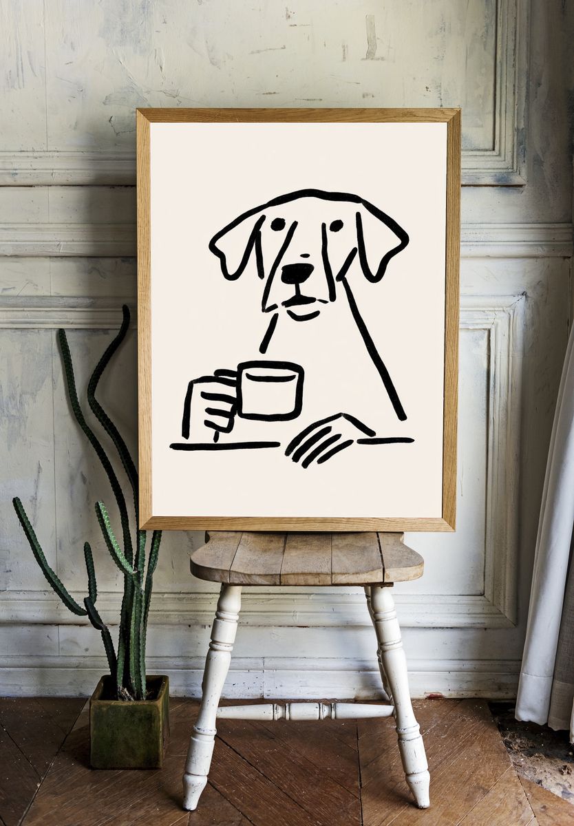 Dog with Coffee Line Art Poster. room preview