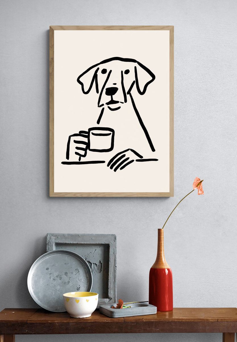 Dog with Coffee Line Art Poster. — room view 3