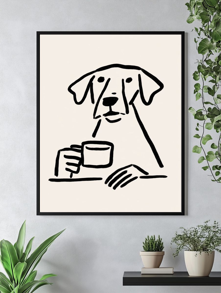 Dog with Coffee Line Art Poster. — room view 4